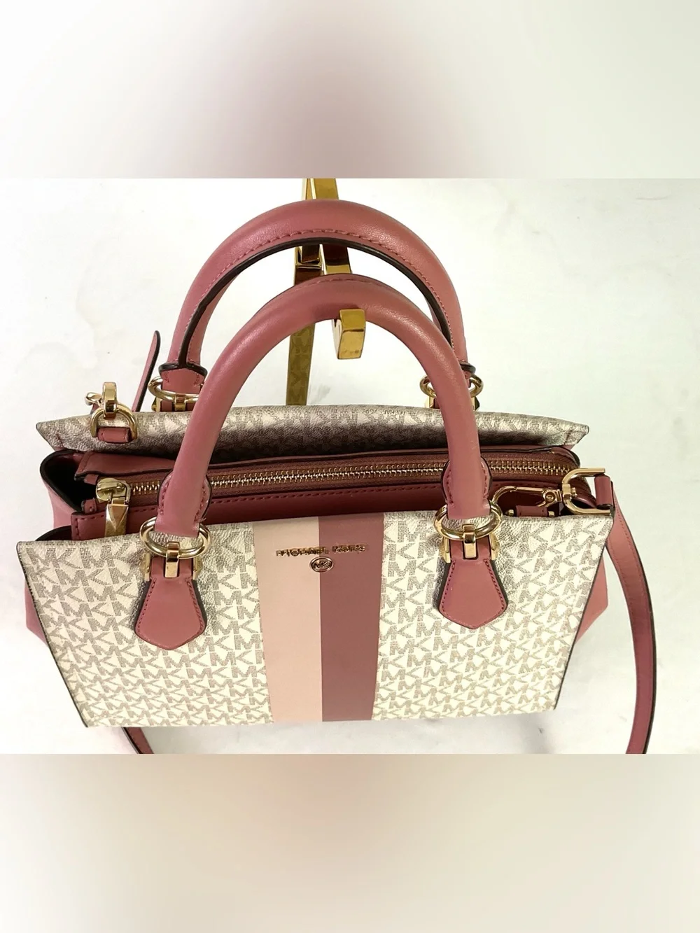 Michael Kors -“MARILYN”-medium logo striped satchel